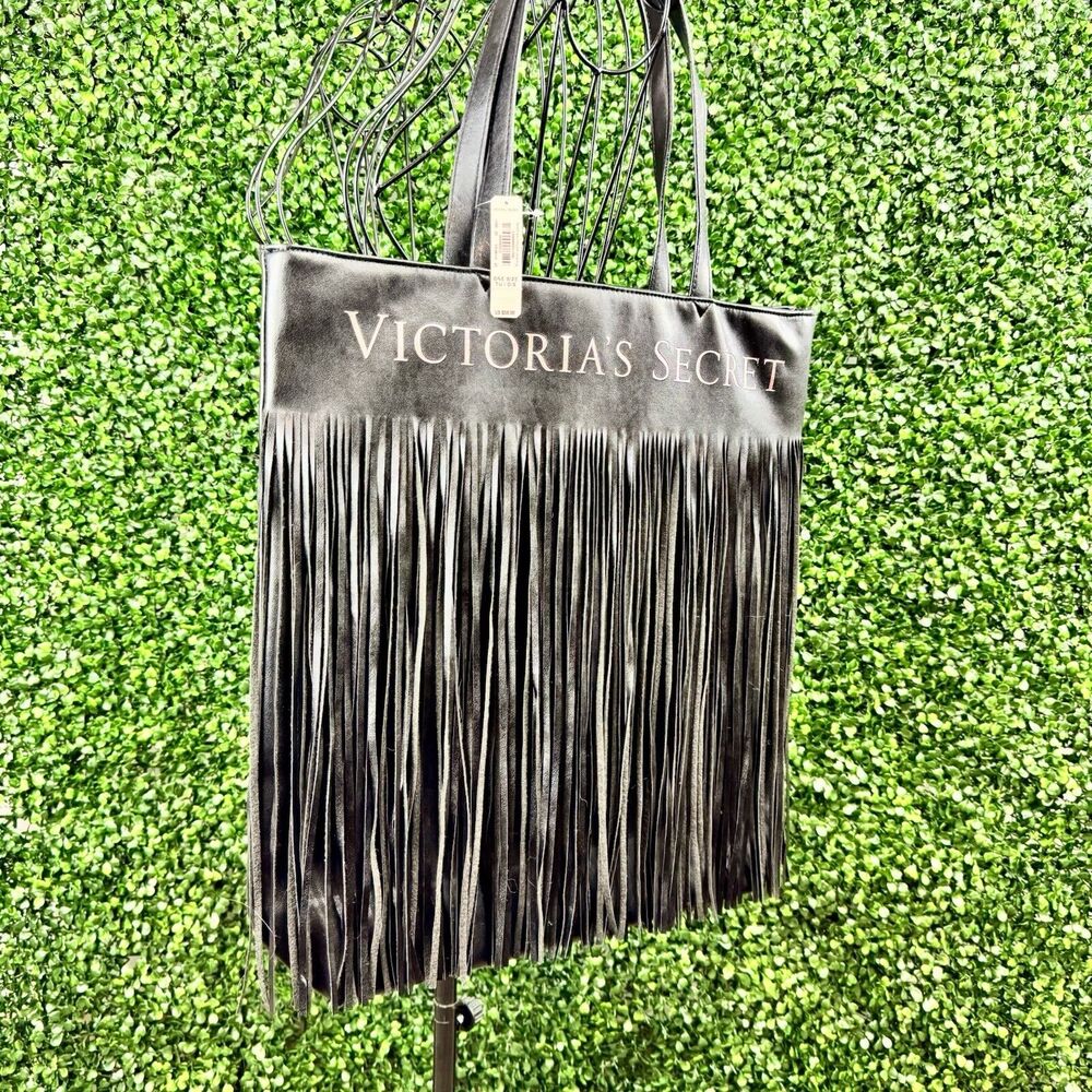 Victorias Secret Black Fringe Tote Bag Faux Leather‎ Boho Logo Large NWT US58